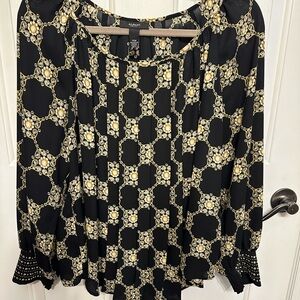 Alfani Black and Cream Cuffed Sleeve Blouse Relaxed Fit